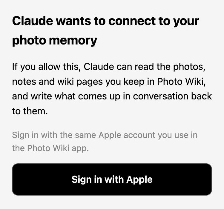 Photo Wiki sign-in page: Claude wants to connect to your photo memory